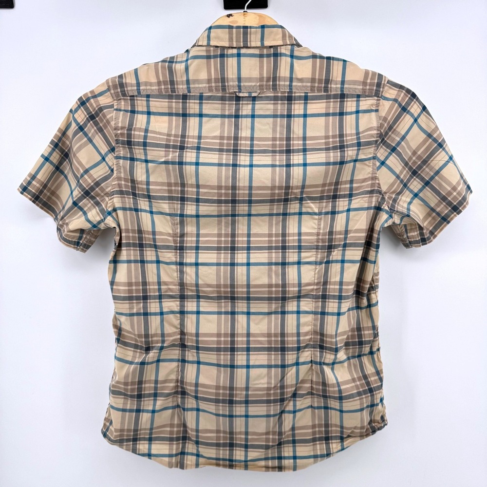 Prana Plaid Shirt Mens Large Tan Blue Short Sleeve Button Down Stretch Casual - Picture 3 of 7